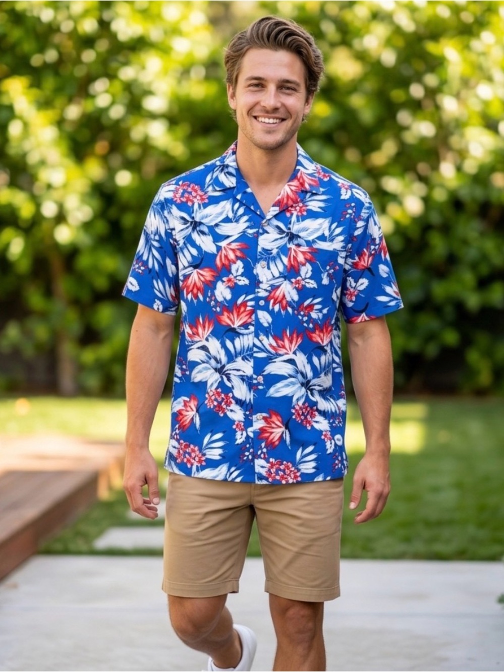 Goodfellow &Co Men M Blue Tropical Floral Aloha Shirt Short Sleeve Cabana Casual